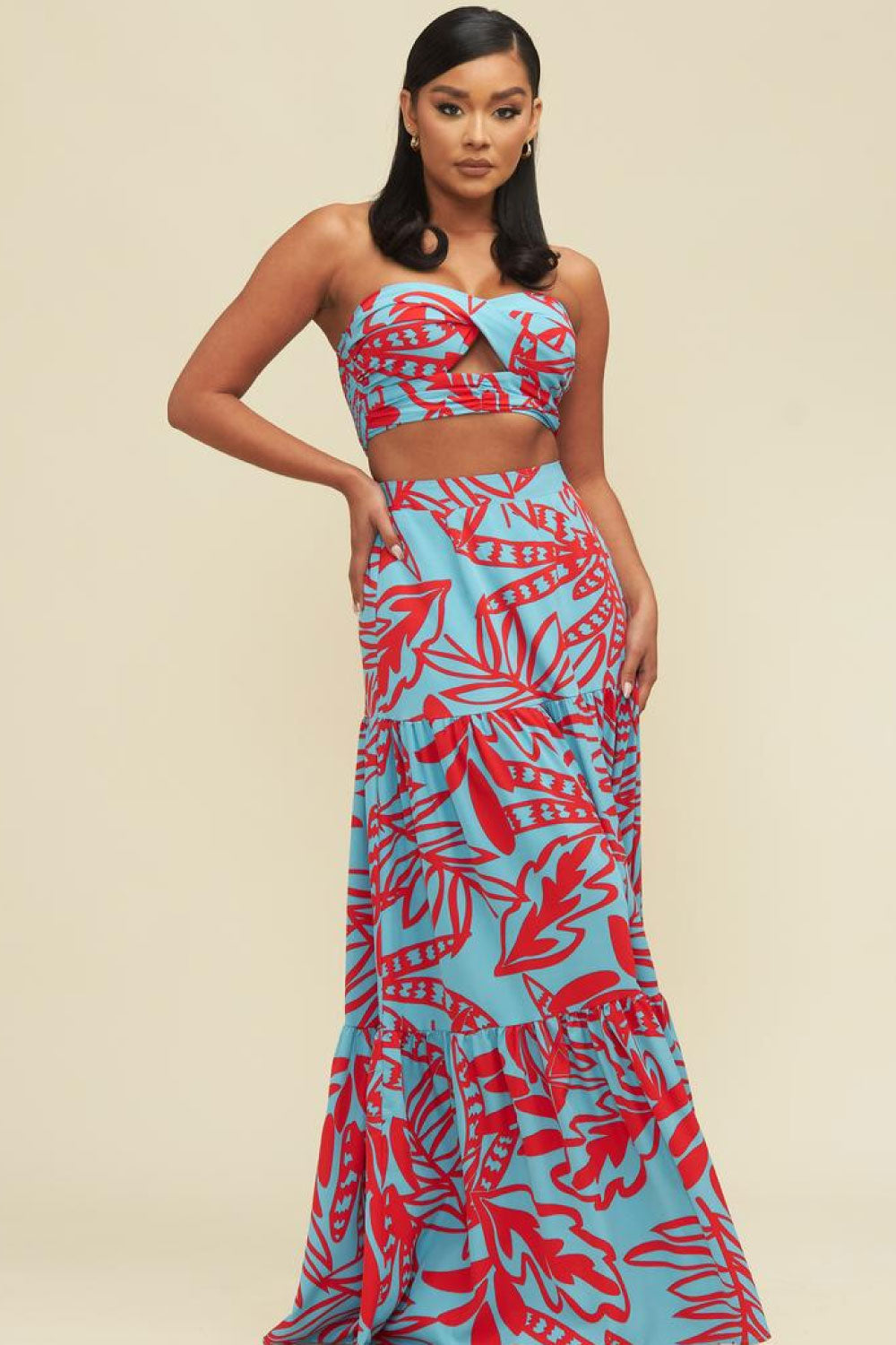 Image of the front of the Striped Red and Blue Two Piece Set on a model.