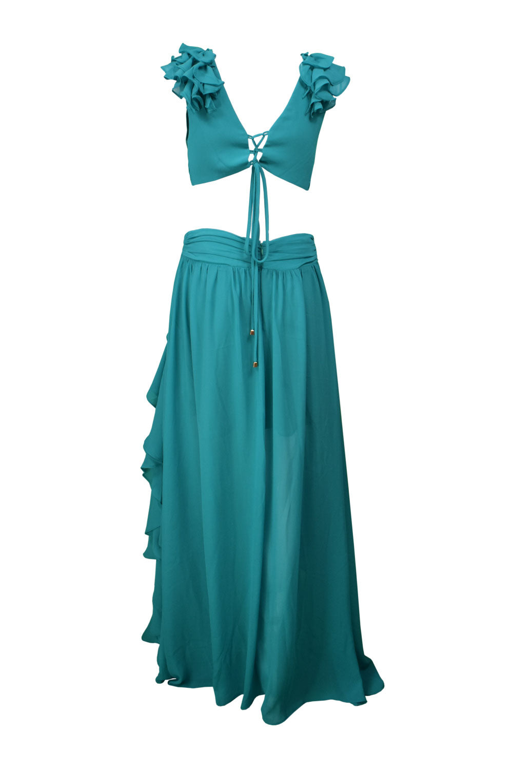 Image of the back of the Alfredo Barraza exclusive Ruffled Cutout Dress in Teal.