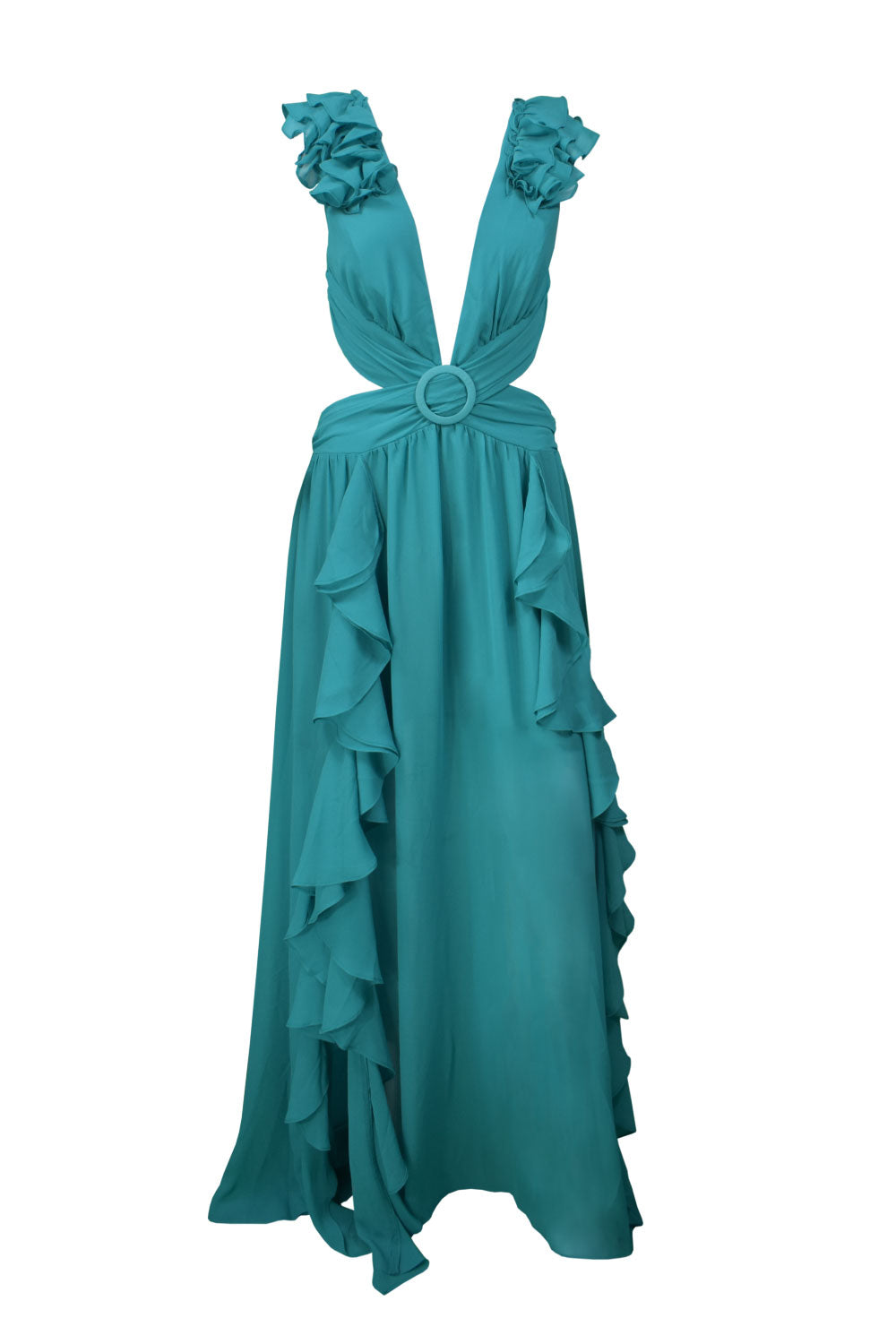 Image of the front of the Alfredo Barraza exclusive Ruffled Cutout Dress in Teal.