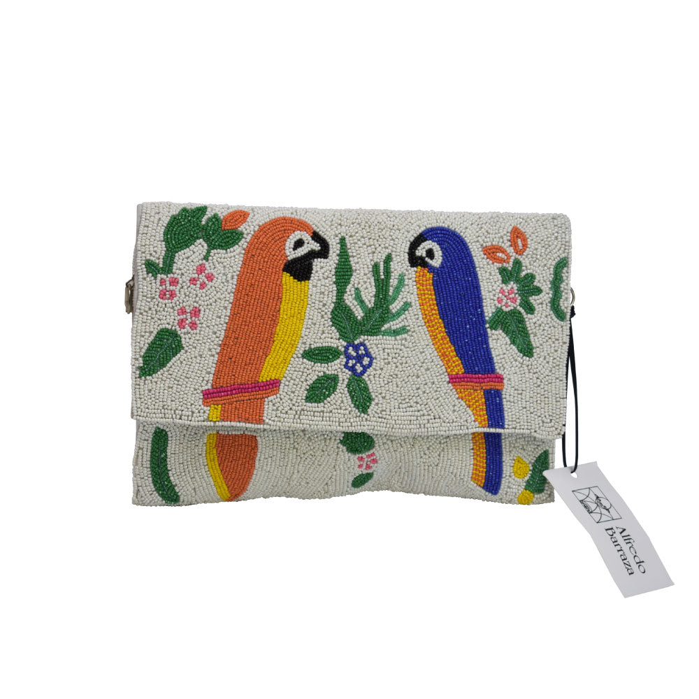 Image of the front of Alfredo Barraza's White Beaded Parrot Clutch.