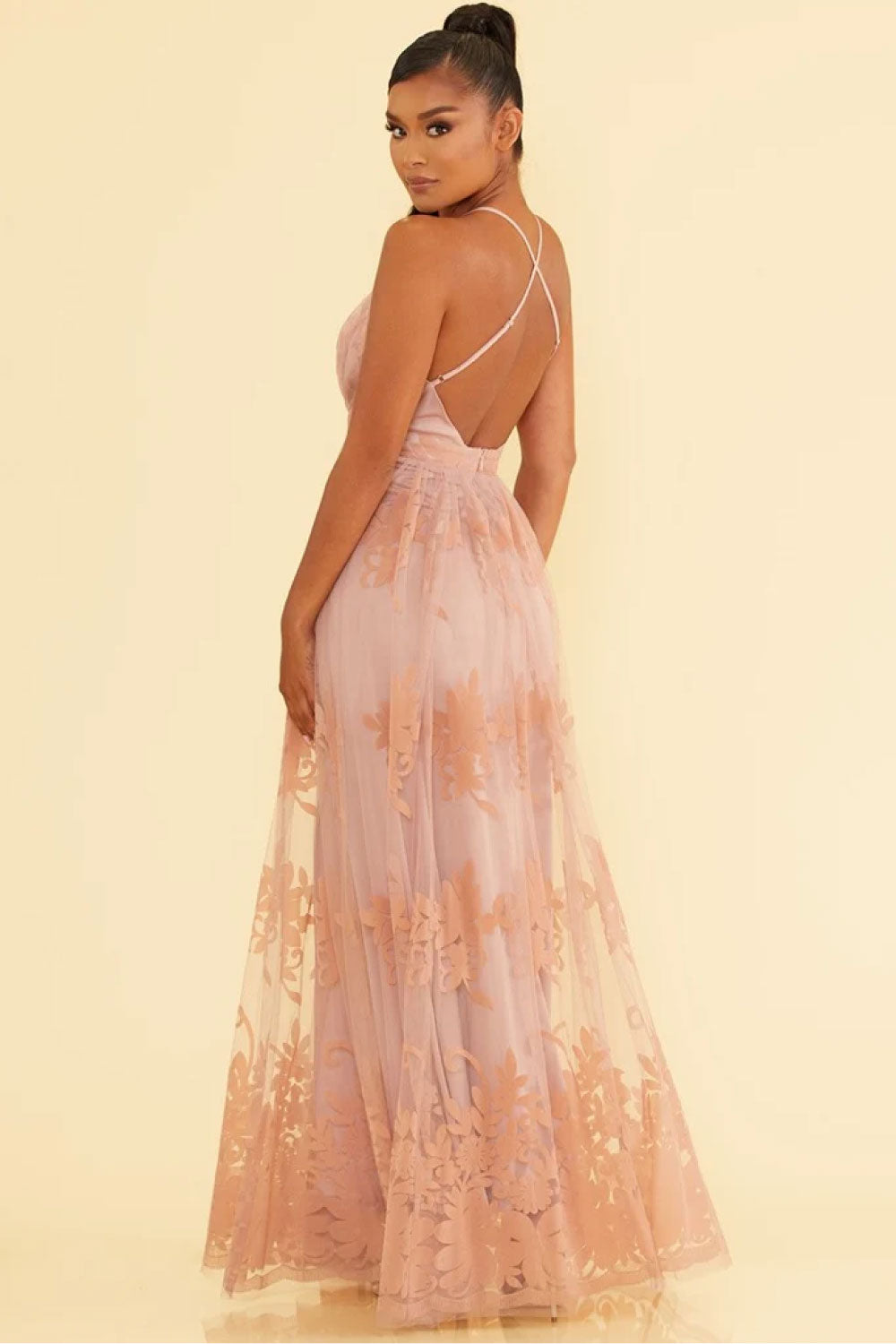 Image of the back of Luxxel's Elegant Lace Gown in Blush on a model.