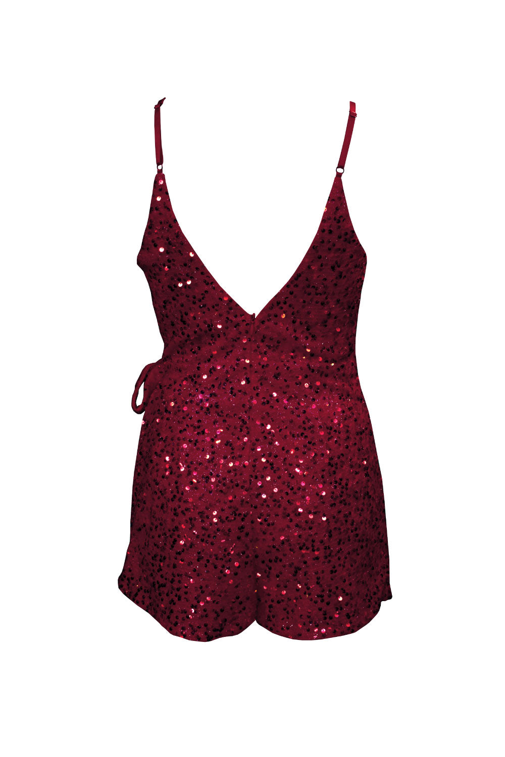 Image of the back of Luxxel's Sequin Wrap Tie-Up Romper in Red.