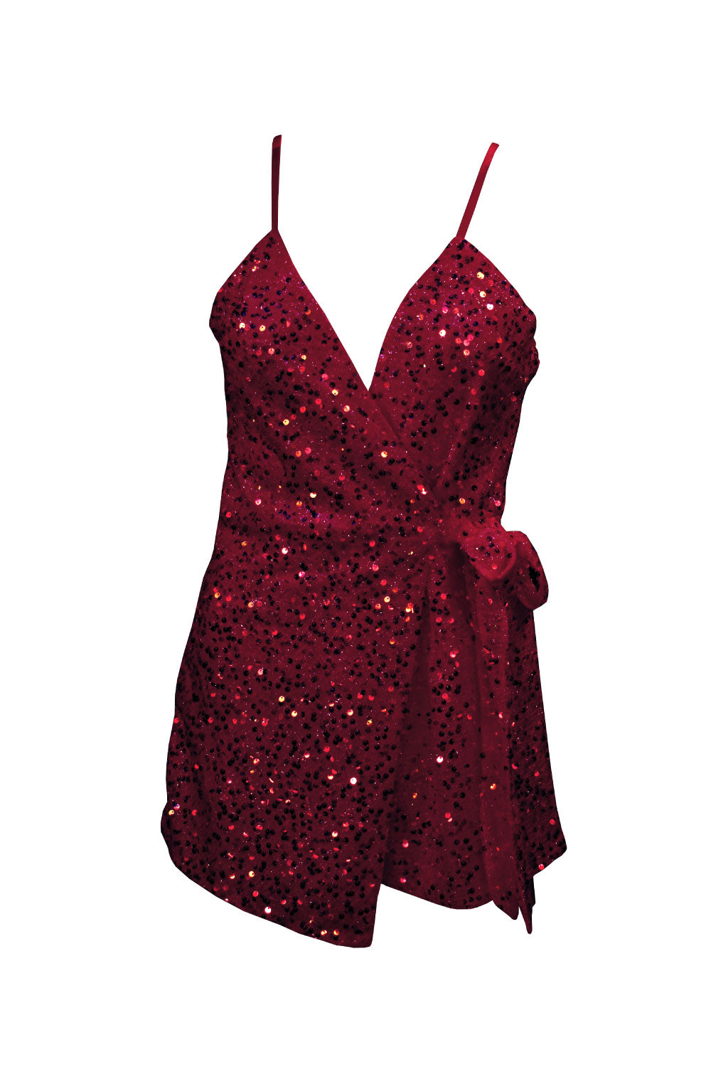 Image of the front of Luxxel's Sequin Wrap Tie-Up Romper in Red.
