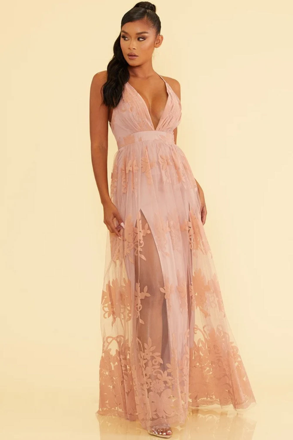 Image of the front of Luxxel's Elegant Lace Gown in Blush on a model.
