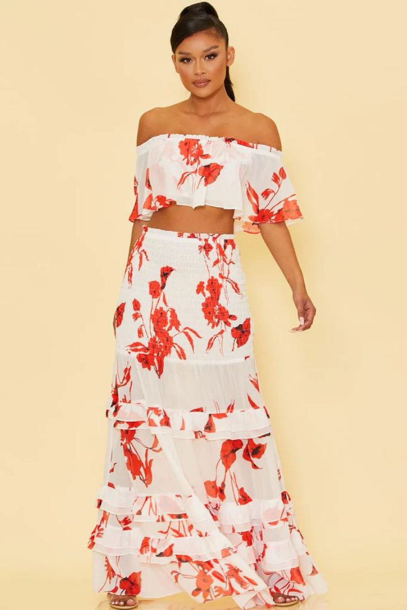 Red Floral Two Piece Skirt Set – Alfredo Barraza Boutique
