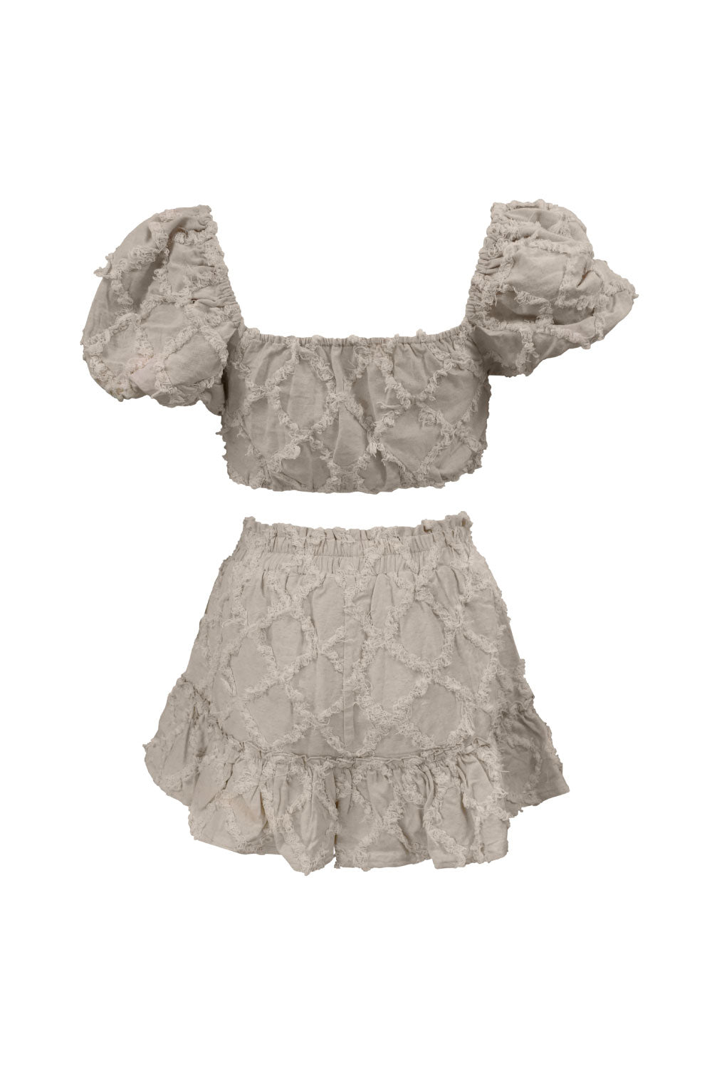 Image of the back of Luxxel's Textured Shorts and Top Set in Beige.