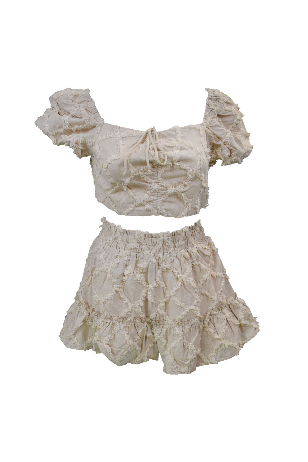 Image of the front of Luxxel's Textured Shorts and Top Set in Beige.