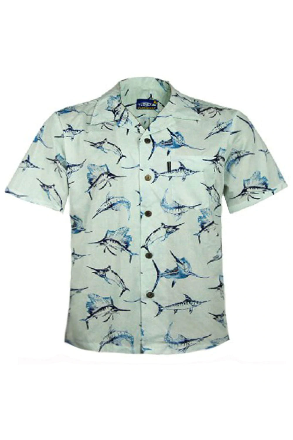 Image of the front of Palmwave's Blue Marlin Aloha Men's Shirt.