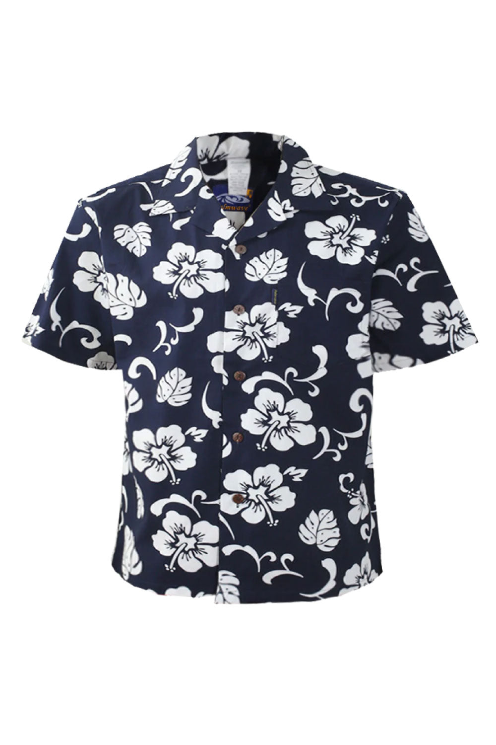 Image of the front of Palmwave's Navy Hibiscus Aloha Men's Shirt.