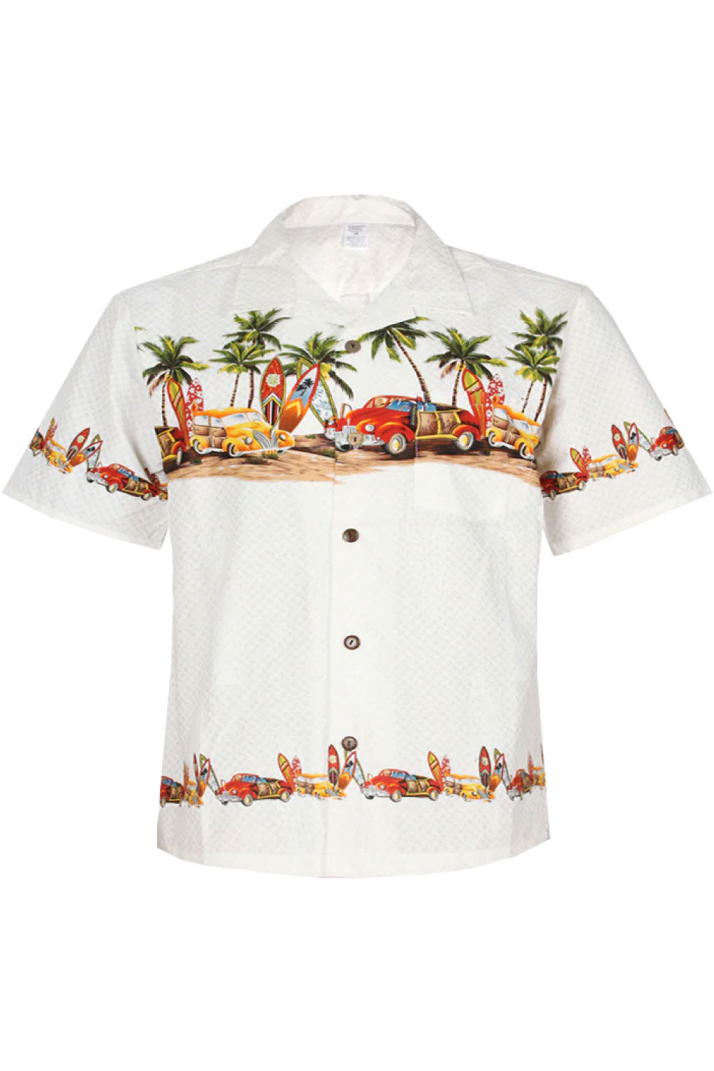 Image of the front of Palmwave's Off White Vintage Car Aloha Men's Shirt.