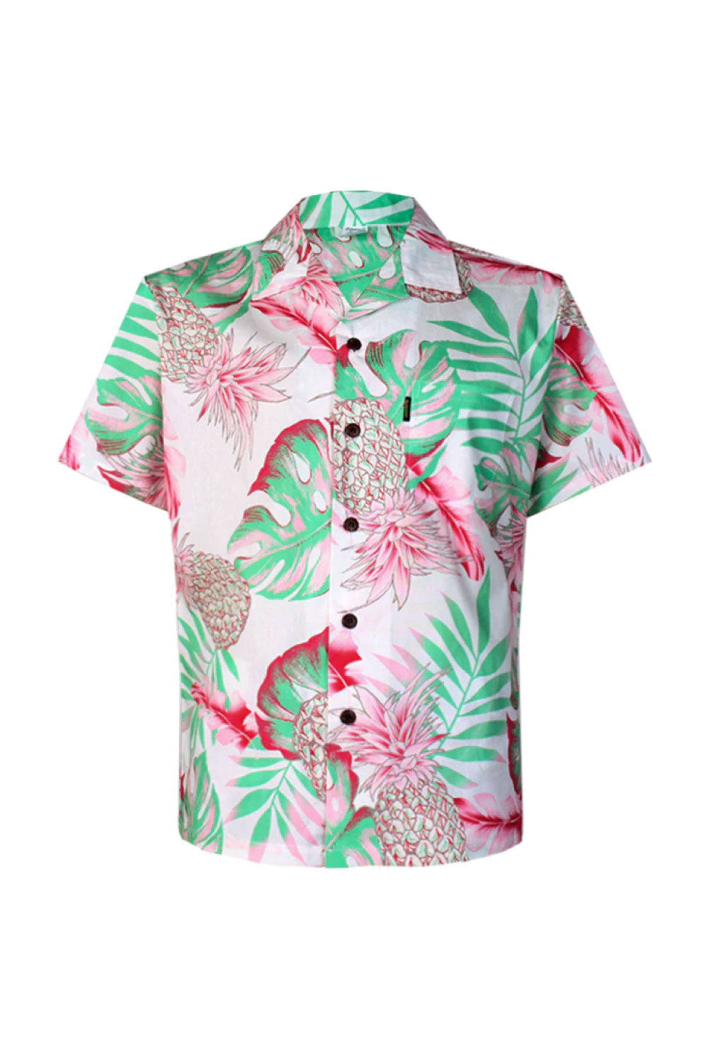 Image of the front of Palmwave's Pastel Pink Leaf Aloha Men's Shirt.