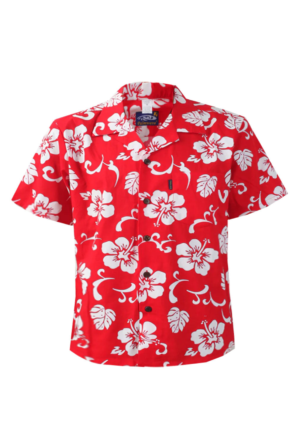 Image of the front of Palmwave's Red Hibiscus Aloha Men's Shirt.