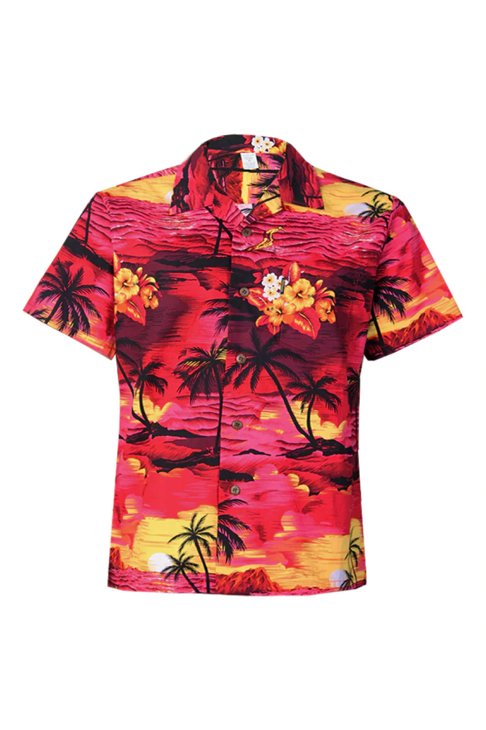 Image of the front of Palmwave's Red Scenery Aloha Men's Shirt.