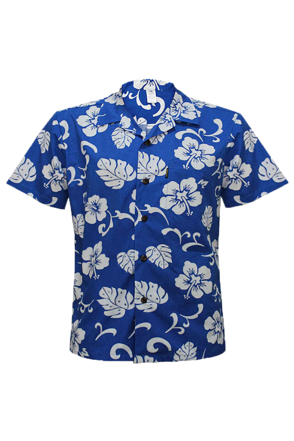 Image of the front of Palmwave's Royal Blue Hibiscus Aloha Men's Shirt.
