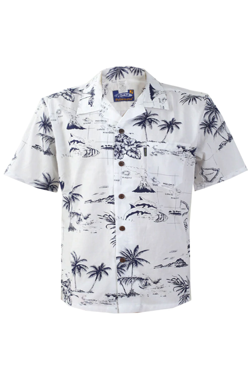 Image of the front of Palmwave's White Map Aloha Men's Shirt.