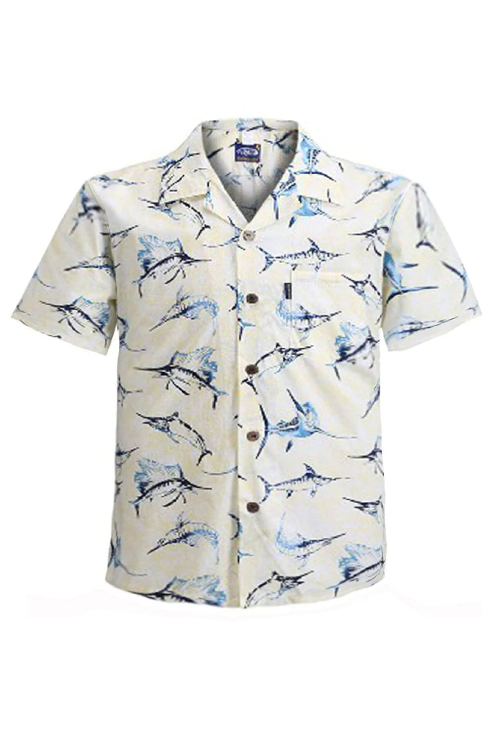 Image of the front of Palmwave's Yellow Marlin Aloha Men's Shirt.