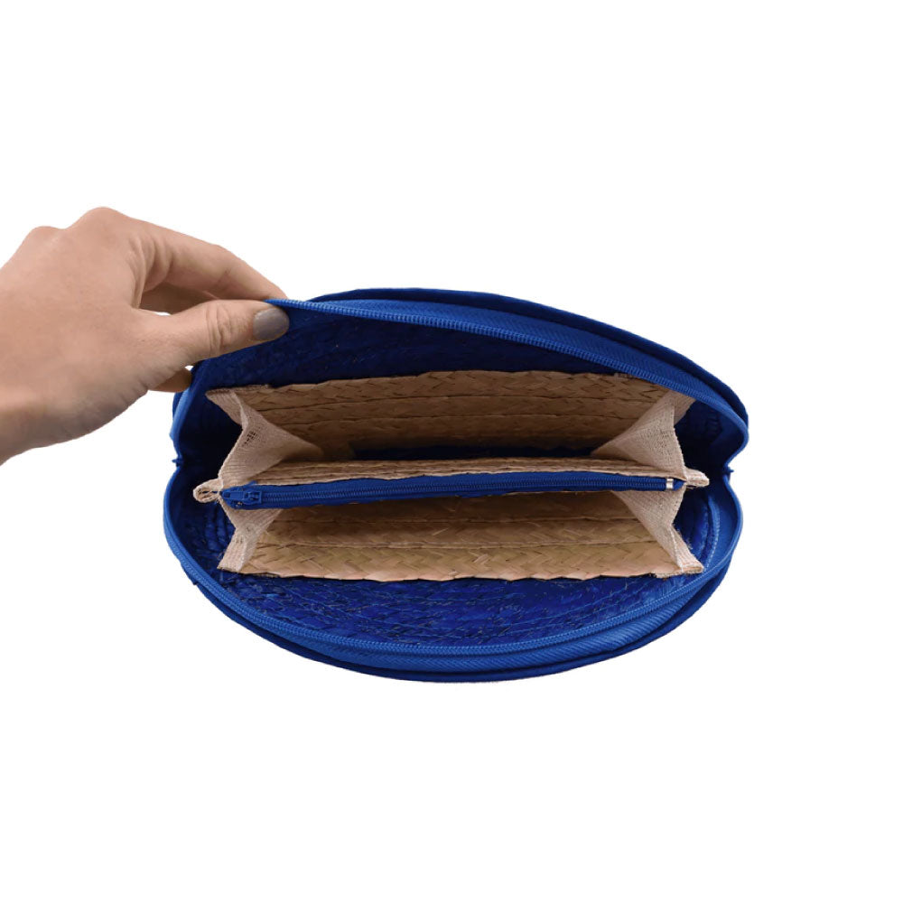 Image of the interior of Sevillana Straw Clutch in Blue.